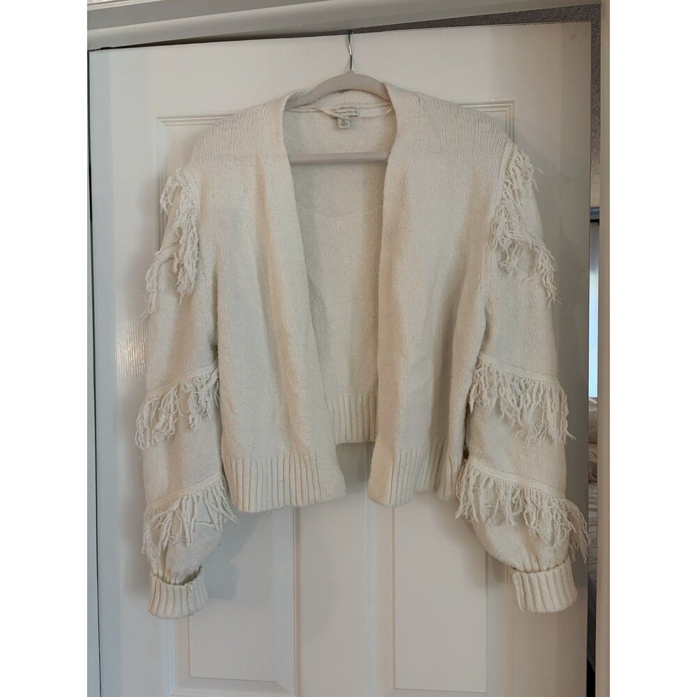 CATO Established 1946 Women's Long Fringe Sleeve Open Front Cream Sweater Sz XL